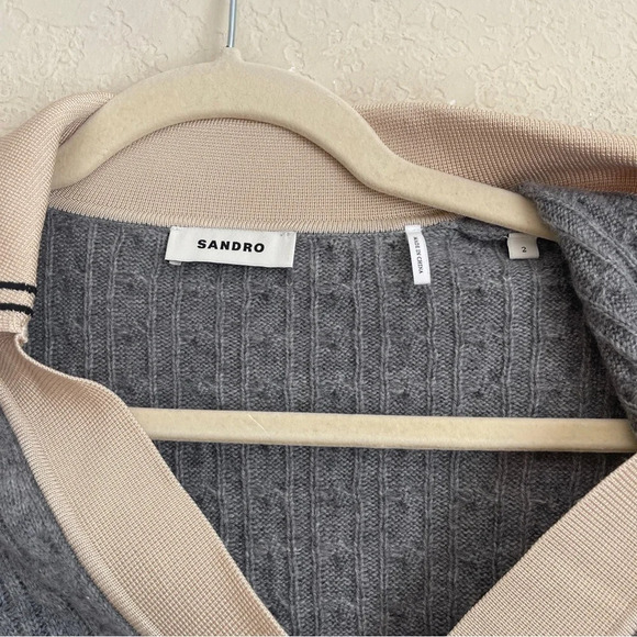 SANDRO Nea Cable-Knit Sweater Gray Wool Cashmere Blend V Neck - Picture 5 of 8